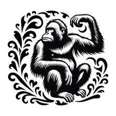 Fototapeta premium orangutan monkey with victorian flourish decoration, stencil logo, black and white animal illustration