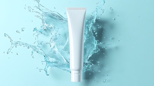 White Cosmetic Tube in Water Splash on Blue Background