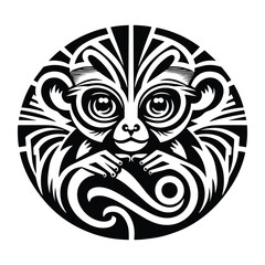 Obraz premium Tarsier monkey with art deco decoration, stencil logo, black and white animal illustration