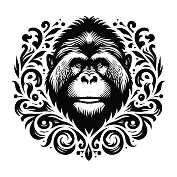 recommend clip art: orangutan monkey with victorian flourish decoration, stencil logo, black and white animal illustration