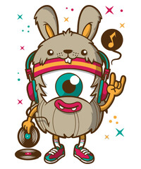 Cute Little DJ Rabbit, vector art character graphic drawing illustration for stickers, streetwear, t-shirts, logos, print-on-demand, print, or branding