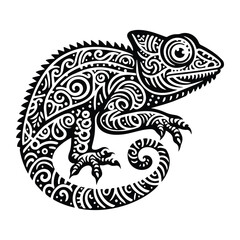 Fototapeta premium Chameleon reptile in zentangle art, stencil logo, black and white animal illustration