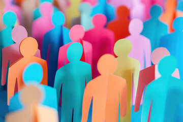Abstract colorful paper crowd background with copy space, diverse male and female silhouettes in various colors representing diversity of people in the community concept.