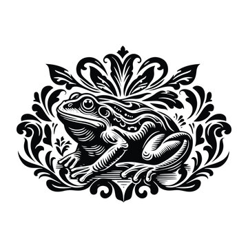 recommend clip art: Bullfrog with victorian flourish decoration, stencil logo, black and white animal illustration