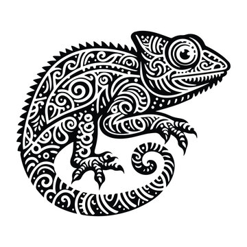 Chameleon reptile in zentangle art, stencil logo, black and white animal illustration