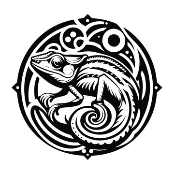 Chameleon reptile with art nouveau decoration, stencil logo, black and white animal illustration