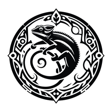 Chameleon reptile with art nouveau decoration, stencil logo, black and white animal illustration