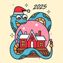 Happy new year and merry christmas 2025 greeting card with cute snake hugging the snow Xmas ball with the house inside. Trendy isolated illustration for print. Holiday season poster.