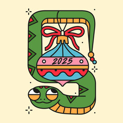 Happy new year and merry christmas 2025 greeting card with cute snake holding Christmas tree toy. Trendy isolated illustration for print. Holiday season poster.