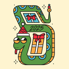 Happy new year and merry christmas 2025 greeting card with cute snake hugging the gifts. Trendy isolated illustration for print. Holiday season poster.