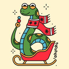 Happy new year and merry christmas 2025 greeting card with cute snake hugging the gifts. Trendy isolated illustration for print. Holiday season poster.