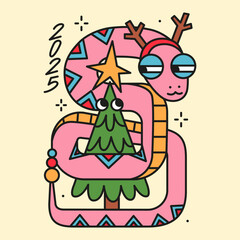 Happy new year and merry christmas 2025 greeting card with cute snake hugging the fir tree. Trendy isolated illustration for print. Holiday season poster.