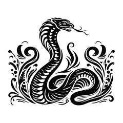 Fototapeta premium Cobra reptile with victorian flourish decoration, stencil logo, black and white animal illustration