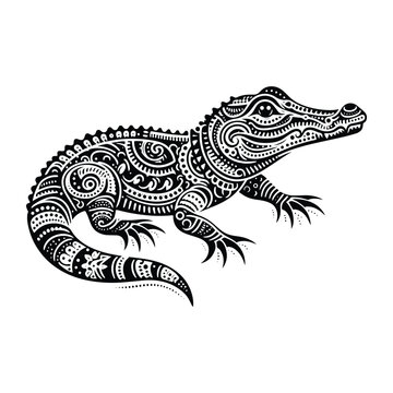 Crocodile reptile in zentangle art, stencil logo, black and white animal illustration