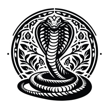 Cobra reptile with art nouveau decoration, stencil logo, black and white animal illustration