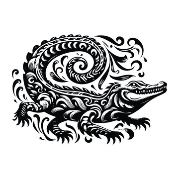 Crocodile reptile with victorian flourish decoration, stencil logo, black and white animal illustration