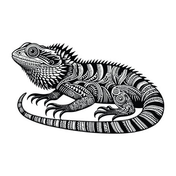 Frilled lizard reptile in zentangle art, stencil logo, black and white animal illustration
