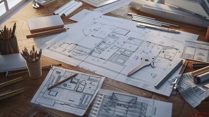 Architectural blueprints and tools on a wooden table