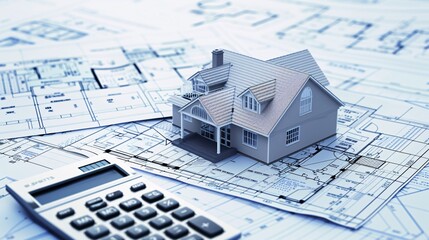 House Model on Blueprint with Calculator