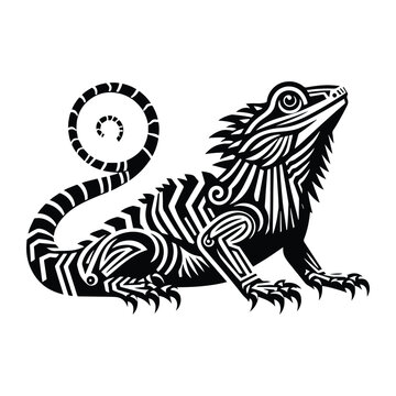 Frilled lizard reptile with art deco decoration, stencil logo, black and white animal illustration ,