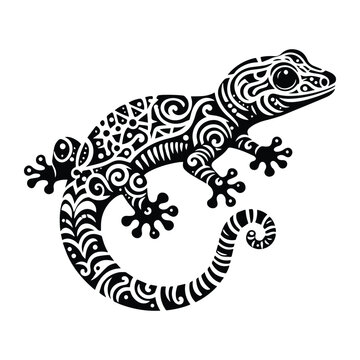 Gecko reptile in zentangle art, stencil logo, black and white animal illustration