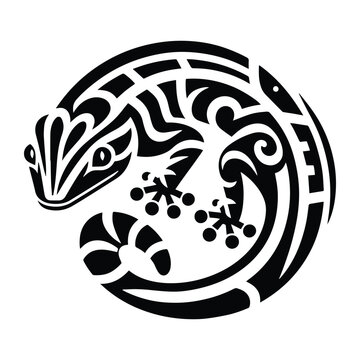 Gecko reptile with art deco decoration, stencil logo, black and white animal illustration ,