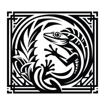 Gecko reptile with art deco decoration, stencil logo, black and white animal illustration ,