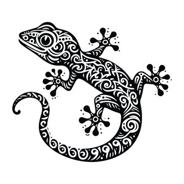 Gecko reptile in zentangle art, stencil logo, black and white animal illustration