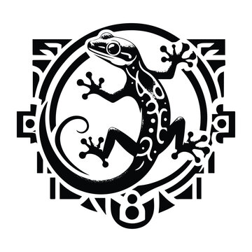 Gecko reptile with art nouveau decoration, stencil logo, black and white animal illustration