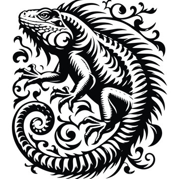 Iguana reptile with victorian flourish decoration, stencil logo, black and white animal illustration