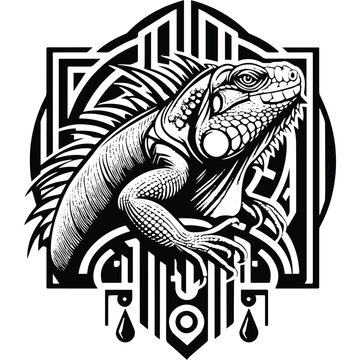 Iguana reptile with art deco decoration, stencil logo, black and white animal illustration