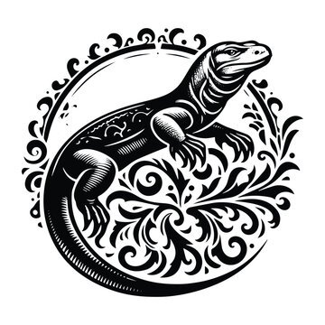 Komodo reptile with victorian flourish decoration, stencil logo, black and white animal illustration