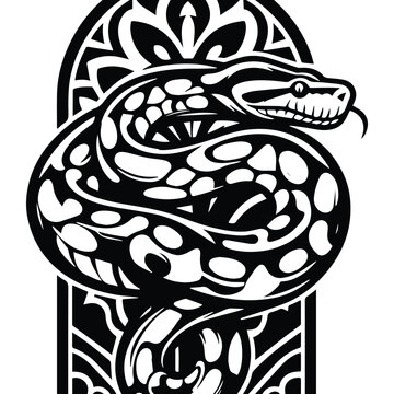 Python reptile with art nouveau decoration, stencil logo, black and white animal illustration