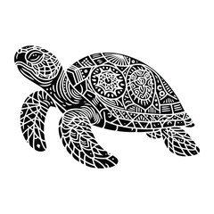 Fototapeta premium sea turtle reptile in zentangle art, stencil logo, black and white animal illustration