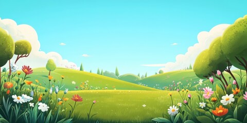 A charming 2D illustration captures a whimsical spring landscape with vibrant greenery, colorful blooming flowers, and a bright blue sky, evoking joy in a peaceful setting for art lovers