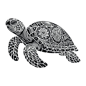 sea turtle reptile in zentangle art, stencil logo, black and white animal illustration