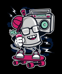 Funny 90s, Boombox Skying vector art character graphic drawing illustration for stickers, streetwear, t-shirts, logos, print-on-demand, print, or branding