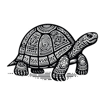tortoise reptile in zentangle art, stencil logo, black and white animal illustration