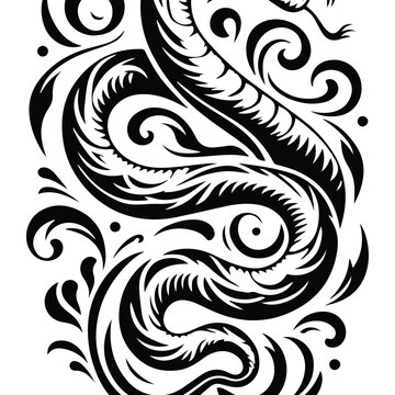 snake reptile with victorian flourish decoration, stencil logo, black and white animal illustration