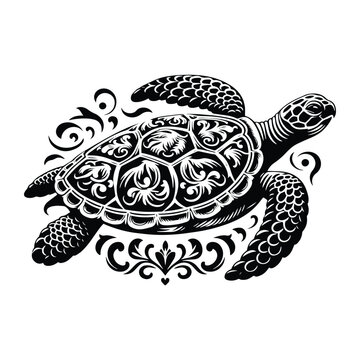 sea turtle reptile with victorian flourish decoration, stencil logo, black and white animal illustration