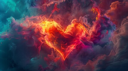 Fototapeta premium A heart made of fire and smoke, explosively bursting with intense energy and vibrant colors, creating a powerful and dynamic image, perfect for generative AI artwork