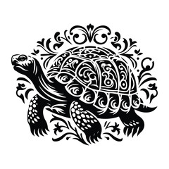 Fototapeta premium tortoise reptile with victorian flourish decoration, stencil logo, black and white animal illustration