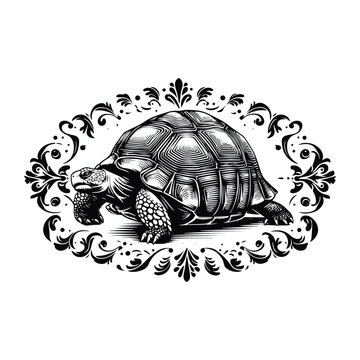 tortoise reptile with victorian flourish decoration, stencil logo, black and white animal illustration