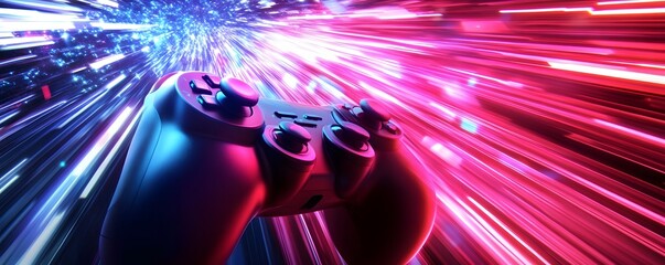 A Video Game Controller in a Neon-Lit Speed Burst