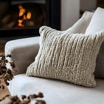 Warm winter comfort with a knitted plaid, a crocheted cushion and a blazing fireplace