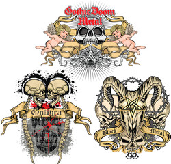 set, gothic sign with skull, grunge vintage design t shirts
