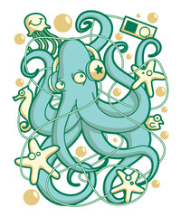 Octopus Listening to Music, vector, art, character, graphic, drawing, stickers, streetwear, t-shirts, logos, print-on-demand, print, branding, cartoon, symbol, icon