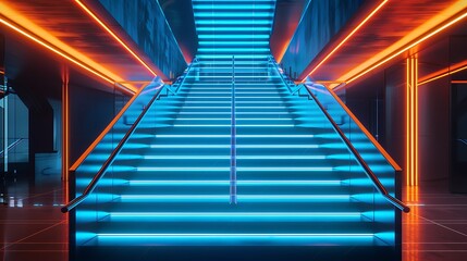 A modern staircase bathed in blue and orange neon light, creating a futuristic atmosphere in a dark, sleek interior, ideal for sci-fi or modern design concepts