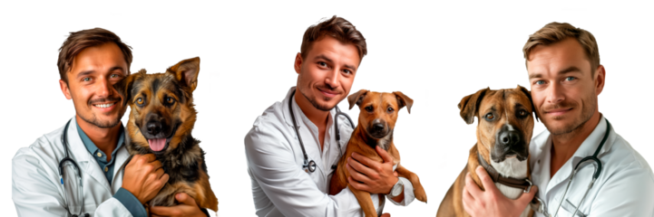 A set of male veterinarian holding a dog in his hands on a white or transparent background. Close-up of an American veterinarian, in a special uniform, holding a dog