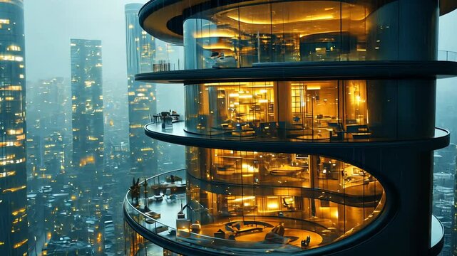 A drone shot slowly moving upwards along a modern skyscraper in a rainy city at night